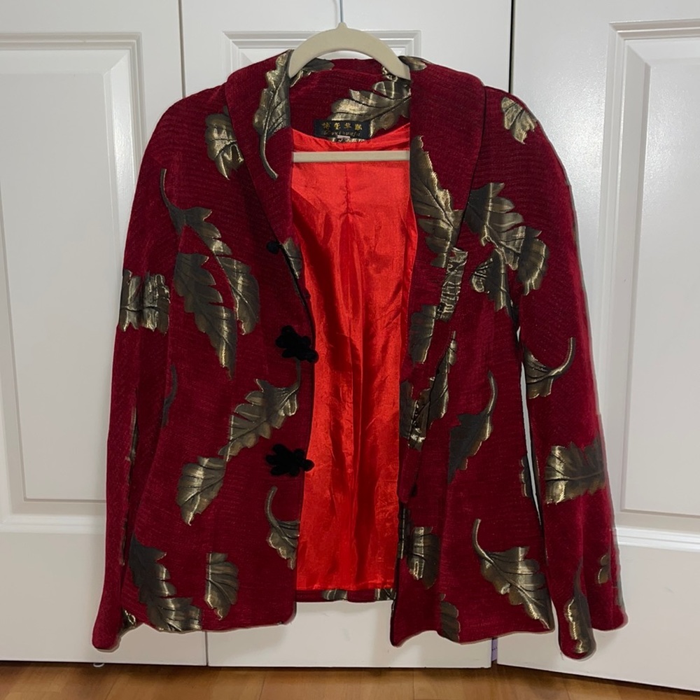 Vintage Red Knit Velvet Jacket with Gold Embroidery